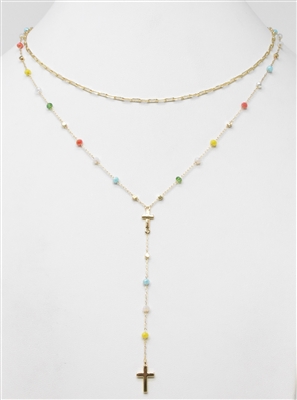 Two Layer Chain and Multi Crystal with Cross  16"-18" Necklace