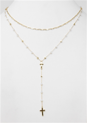 Two Layer Chain and White Crystal with Cross  16"-18" Necklace