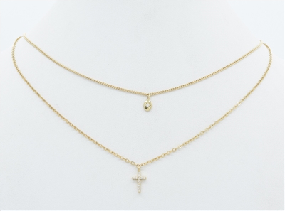 Two Layer Rhinestone Cross and Gold Chain 16"-18" Necklace