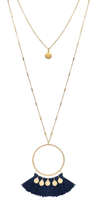 Two Layer 34" Necklace with Gold Circle, Navy Fabric Tassel, and Gold Coin Accents, Gameday!