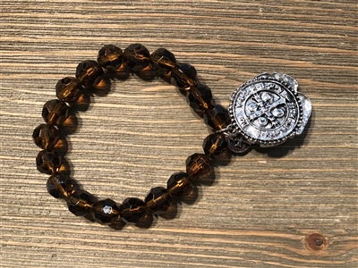 Brown Crystal Stretch Bracelet with Silver Coin