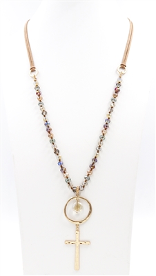 Multi Crystal and Leaher 36" Necklace with Gold Cross