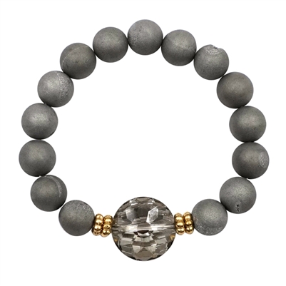 Grey Druzy Stone Stretch Bracelet with Glass Accent