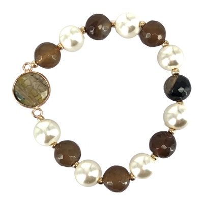 Brown Stone and Pearl Stretch Bracelet