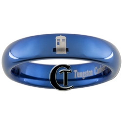4mm Blue Dome Tungsten Carbide  Doctor Who Tardis Design Ring.
