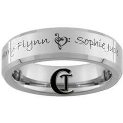 6mm Beveled Tungsten Music Heart & Names Design Ring.