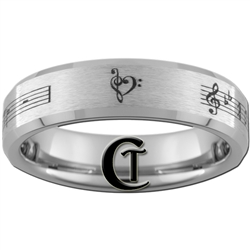 6mm Beveled Satin Finish Tungsten Carbide Music Heart Notes Design.