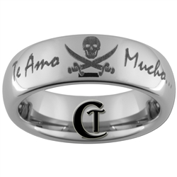 6mm Dome Tungsten Carbide Pirate Skull and Crossbones & Custom Phrase Design Ring.