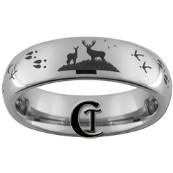 6mm Dome Tungsten Carbide Deer Scene, Deer and Turkey Tracks Hunting Design Ring.