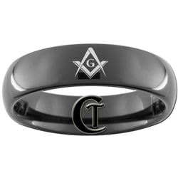 6mm Black Dome Tungsten Carbide Masonic Square and Compass Design Ring.