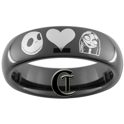 6mm Black Dome Tungsten Carbide  Nightmare Before Christmas Jack and Sally Design Ring.
