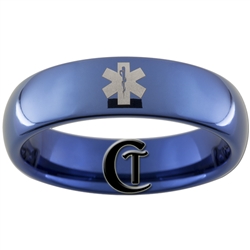 6mm Blue Dome Tungsten Carbide Medical Alert Star of LIfe Design Ring.