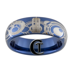 6mm Dome Blue Tungsten Carbide Doctor Who Tardis  & Gallifreyan Design Ring.