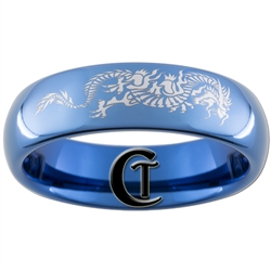 6mm Blue Dome Tungsten Carbide Asian Dragon Design Ring.