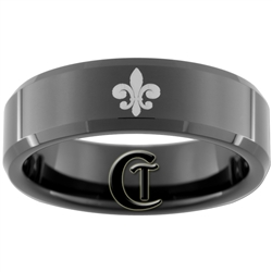 7mm Black Beveled Tungsten Carbide Fleur De Lis Design