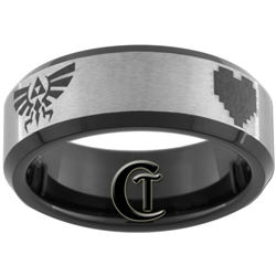 7mm Black Beveled Tungsten Carbide Satin Finish 8 Bit Heart Zelda Design