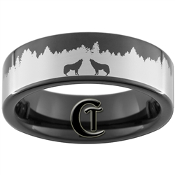 7mm Black Pipe Tungsten Carbide Wolves in the Forest Design