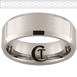 8mm Beveled Tungsten Carbide White Lasered Celtic Knots Design Ring