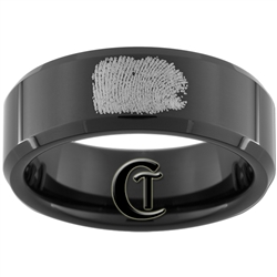 8mm Black Beveled Tungsten Carbide Fingerprint Design