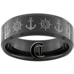 8mm Black Beveled Tungsten Carbide NAVY Ships Wheel & Anchor Design.