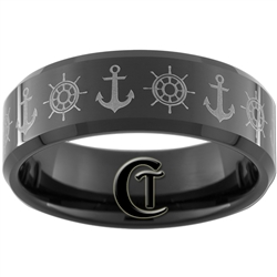 8mm Black Beveled Tungsten Carbide NAVY Ships Wheel & Anchor Design.