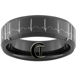 8mm Black Beveled Tungsten Carbide Heart EKG Design