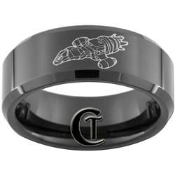 8mm Black Beveled Tungsten Carbide Serenity Firefly Ship Design Ring.