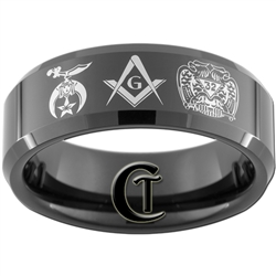 8mm Black Beveled Tungsten Carbide Masonic Shriners Yorkrite Design