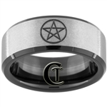 8mm Black Beveled Tungsten Carbide Stone Finish Wicca Star Symbol Design Ring.