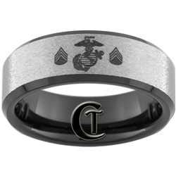 8mm Black Beveled Tungsten Carbide Stone Center Marines Sergeant Rank Design.