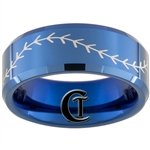 8mm Blue Beveled Tungsten Carbide Baseball Stitch Design Ring