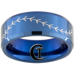 8mm Blue Beveled Tungsten Carbide Baseball Stitch Design Ring