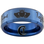 8mm Blue Beveled Tungsten Carbide Black Lasered Claddagh & Doctor Who Quote Design
