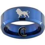 8mm Blue Beveled Tungsten Lion Design