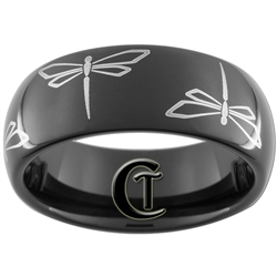 8mm Black Dome Tungsten Carbide White Lasered Dragonfly Design