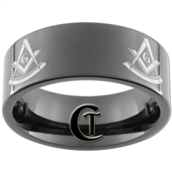 9mm Black Pipe Tungsten Carbide Masonic Design