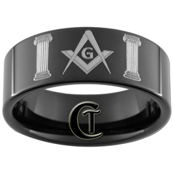 9mm Black Pipe Tungsten Carbide Masonic Design