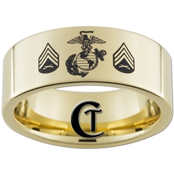 9mm 14Kt Gold Plated Pipe Tungsten Carbide Marines Eagle Globe and Anchor and Sergeant Rank Design