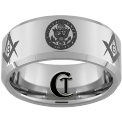 10mm Beveled Tungsten Carbide Alternating ARMY Crests and Masonic Symbols Design Ring.