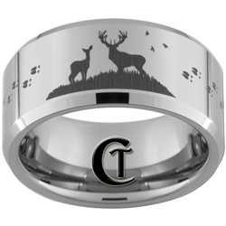 10mm Beveled Tungsten Carbide Buck & Doe With Deer Tracks Hunting Design.