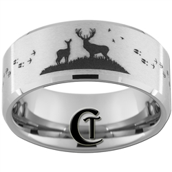 10mm Beveled Satin Finish Tungsten Carbide Buck & Doe With Deer, Duck, and Turkey Tracks Hunting Design