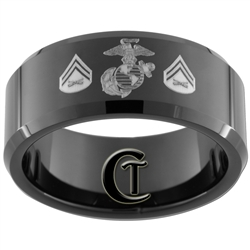 10mm Black Beveled Tungsten Carbide Marines  Eagle, Globe and Anchor Corporal Design Ring.