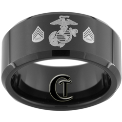 10mm Black Beveled Tungsten Carbide Marines Eagle Globe and Anchor & Sergeant Design Ring.