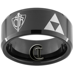 10mm Black Beveled Tungsten Carbide Zelda Triforce & CTR Shield Design