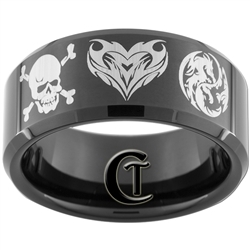 10mm Black Beveled Tungsten Carbide Skull and Cross Bones, Heart, Dragon Yin Yang Design