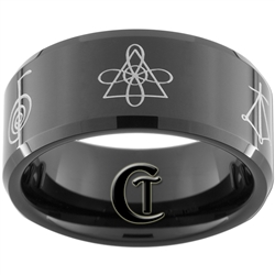 10mm Black Beveled Tungsten Carbide Reiki Master Chakra Design Ring.