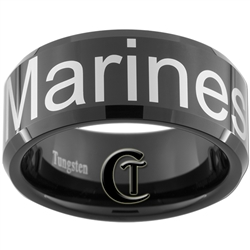 10mm Black Beveled Tungsten Carbide Marines Eagle Globe and Anchor & Marine's Text Design Ring.