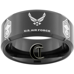 10mm Black Beveled Tungsten Carbide Air Force Chief Master Sergeant Ring Design.