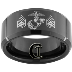 10mm Black Beveled Tungsten Carbide Marines Eagle Globe and Anchor & Gunnery Sergeant Design Ring.