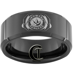 10mm Black Beveled Tungsten Carbide Power Rangers Green Ranger Dragon Zord Design Ring.